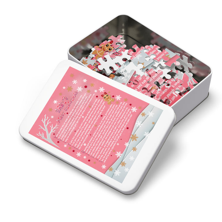 Baby's First Christmas Acrostic Poem Jigsaw Puzzle - Gingerbread - Pink - Tin Box