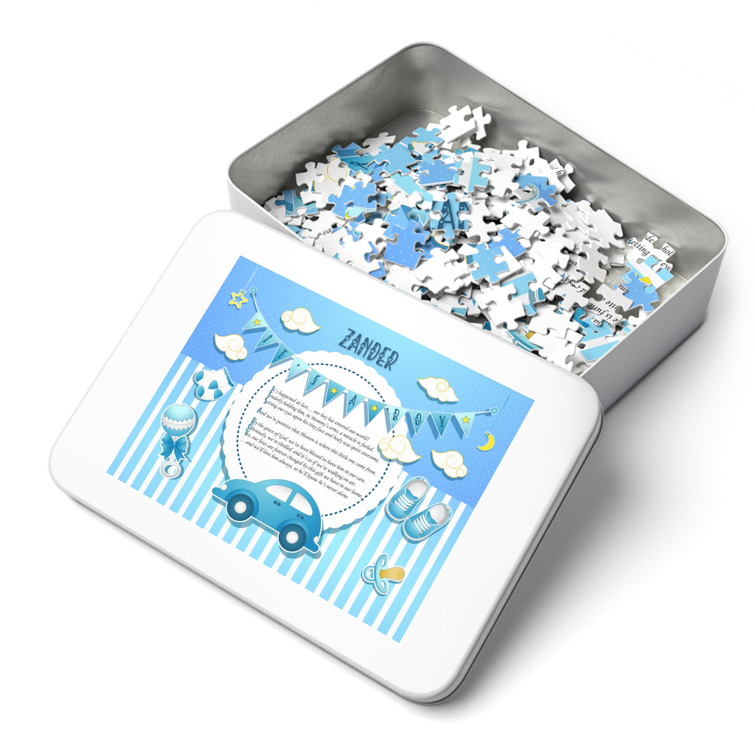 It's a Boy Acrostic Poem Puzzle - Blue Stripes - Tin Box - Personalized