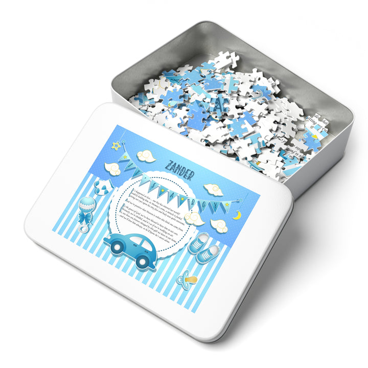 It's a Boy Acrostic Poem Puzzle - Blue Stripes - Tin Box - Personalized