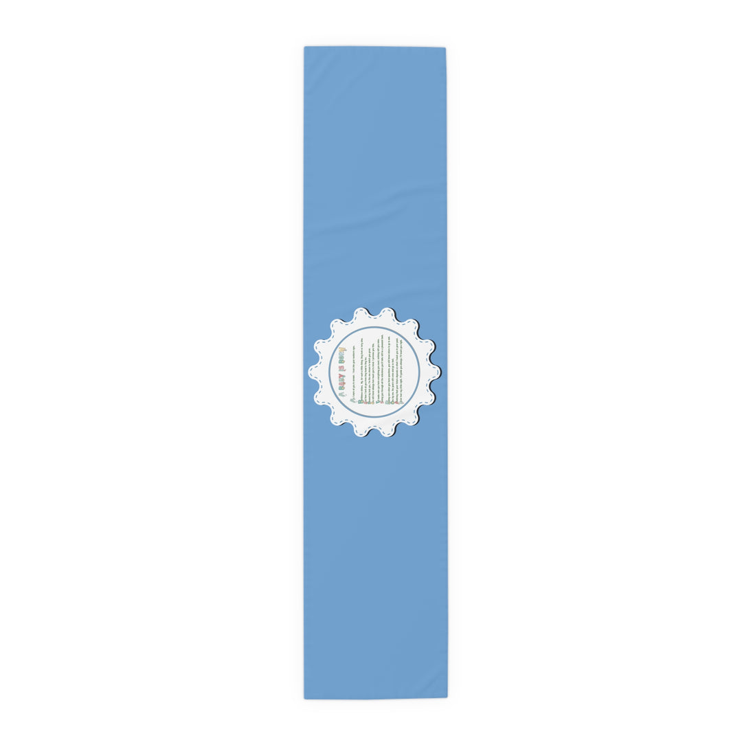“A Baby is Born” Table Runner - Baby Items Font - Blue - No Personalization