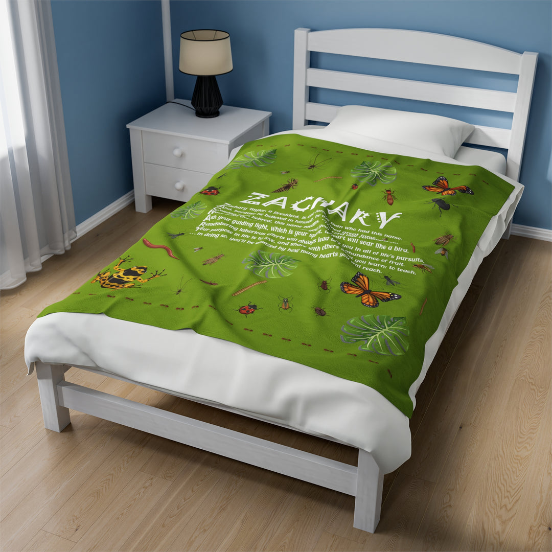Namesakes Acrostic Poem on Black Velveteen Plush Blanket with Bug Design