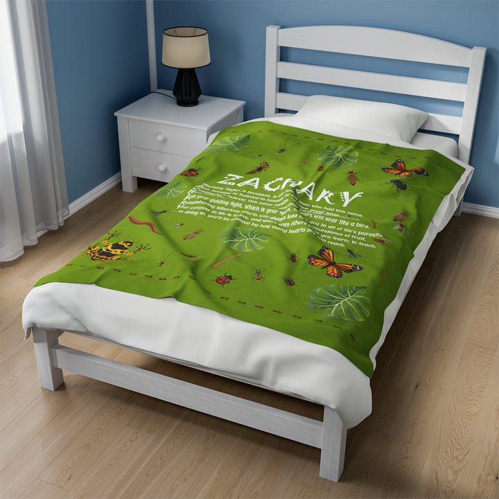 Namesakes Acrostic Poem on Black Velveteen Plush Blanket with Bug Design