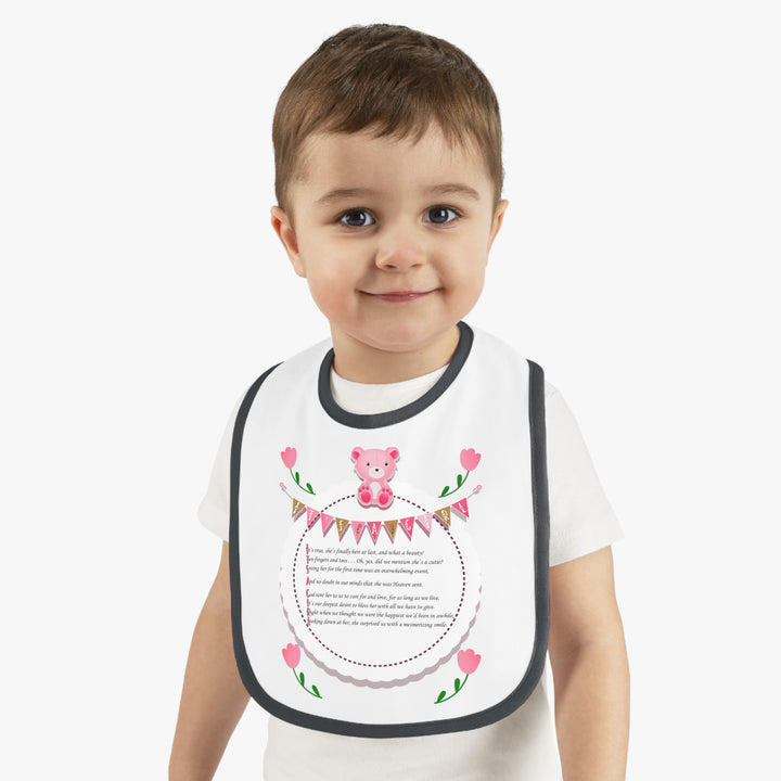 Baby Steps Acrostic Poem - Contrast Trim Jersey Bib - "It's a Girl" - Teddy Bear and Roses