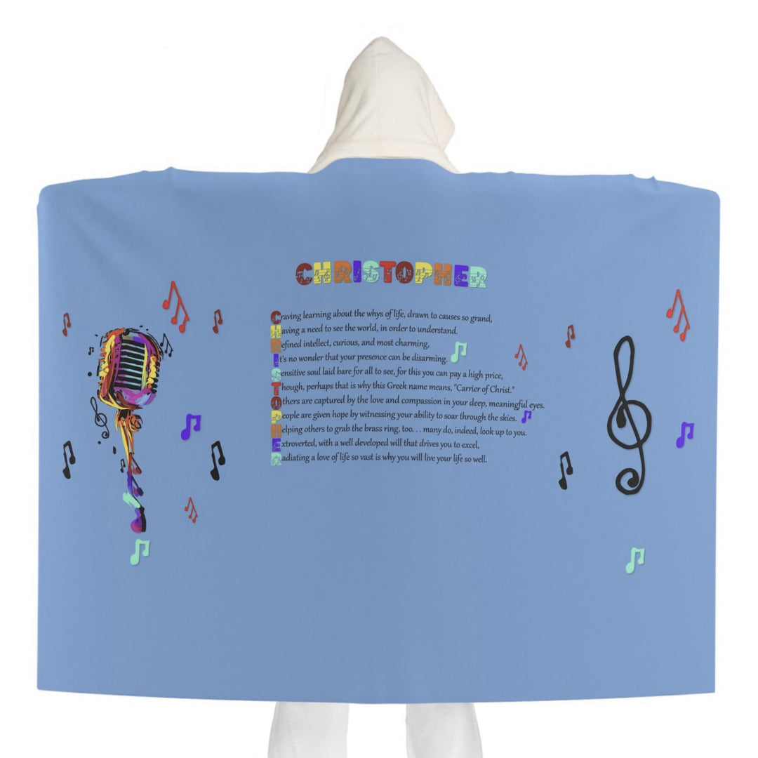 Namesakes Acrostic Poem Hooded Sherpa Fleece Blanket - Mic and Musical Notes - Blue Background