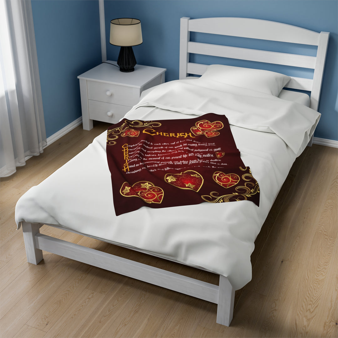 It's Just a Phrase Velveteen Plush Blanket with Acrostic Poem "Cherish" - Hearts and Gold Decor