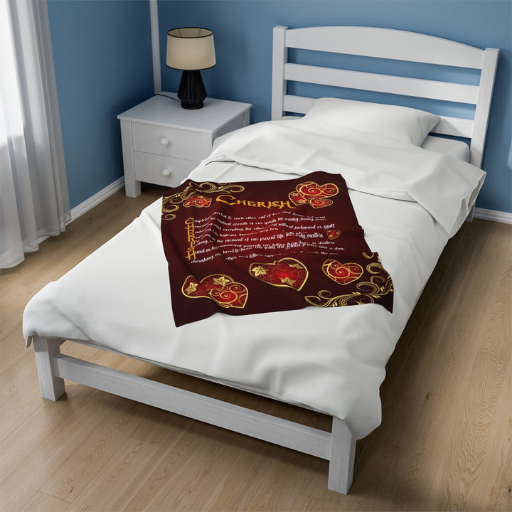 It's Just a Phrase Velveteen Plush Blanket with Acrostic Poem "Cherish" - Hearts and Gold Decor
