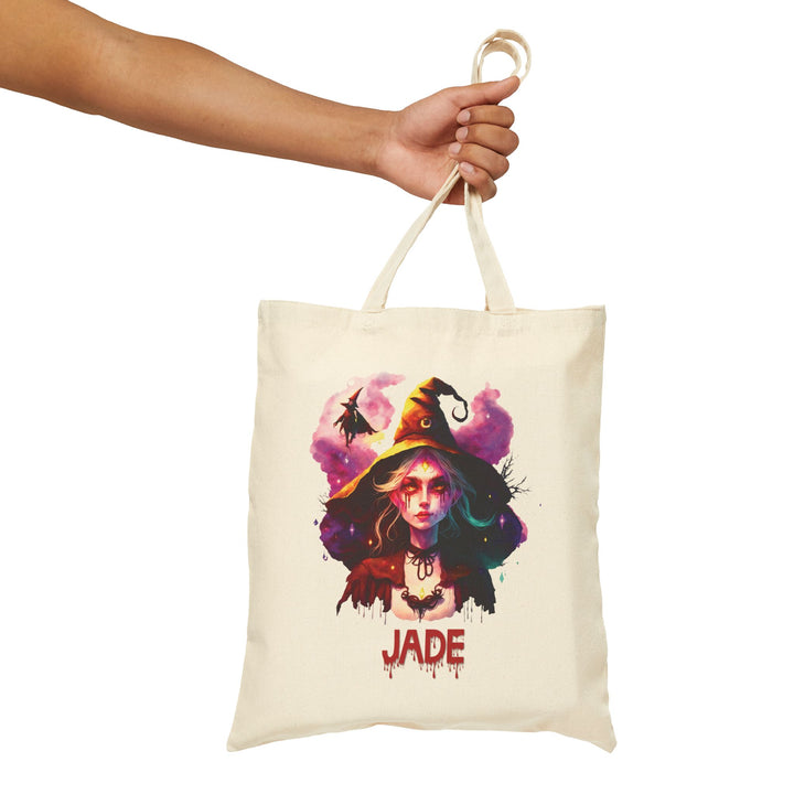 "Happy Halloween" Acrostic Poem Canvas Candy Tote Bag - Creepy Witch - Personalized