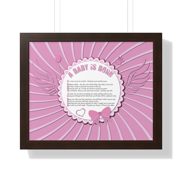 Baby Steps Acrostic Poem Framed Print "A Baby is Born" - Pink