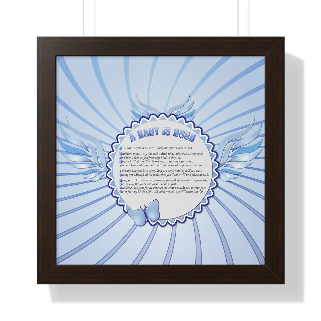 Baby Steps Acrostic Poem Framed Print "A Baby is Born "- Blue