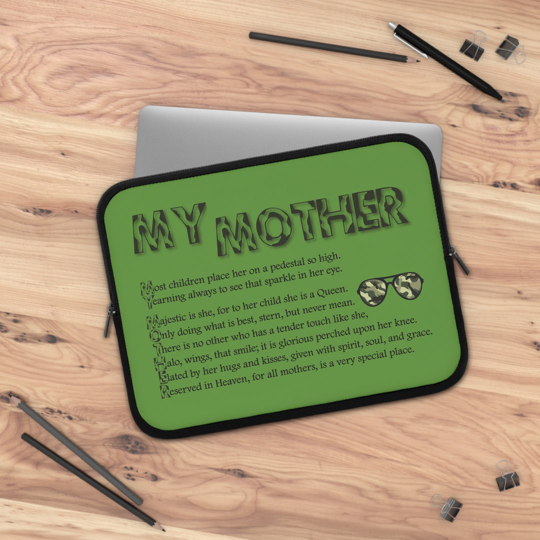 My Mother Acrostic Poem Neoprene Laptop Sleeve - Solid Black Back - Camo