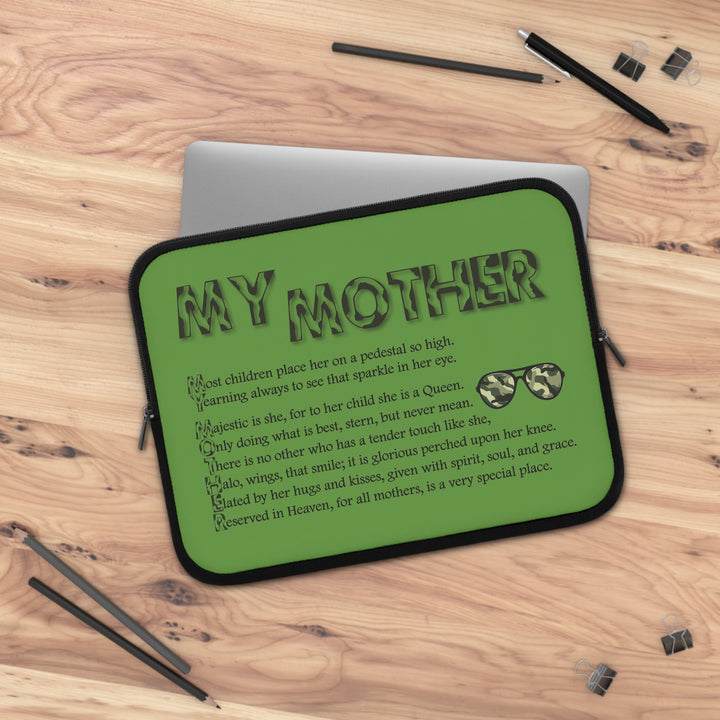 My Mother Acrostic Poem Neoprene Laptop Sleeve - Solid Black Back - Camo