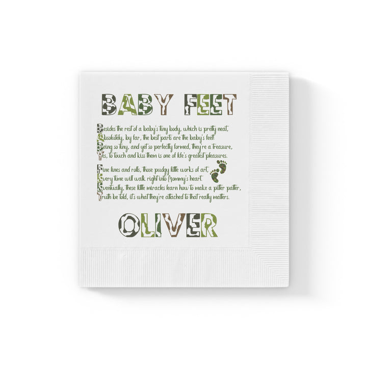 “Baby Feet" White Coined Napkins - Camo - Personalized