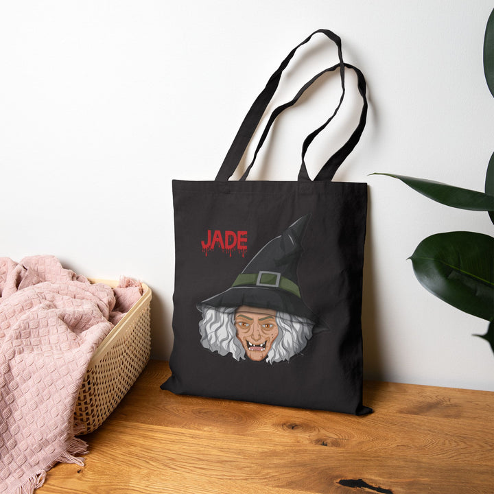 "Happy Halloween" Acrostic Poem Canvas Candy Tote Bag - Old Witch - Personalized