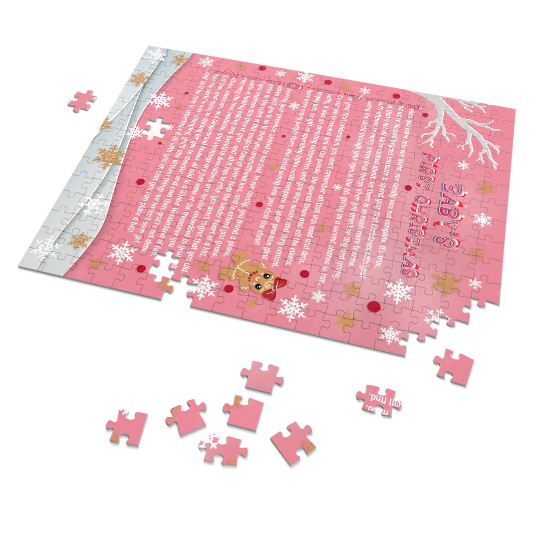 Baby's First Christmas Acrostic Poem Jigsaw Puzzle - Gingerbread - Pink - Tin Box