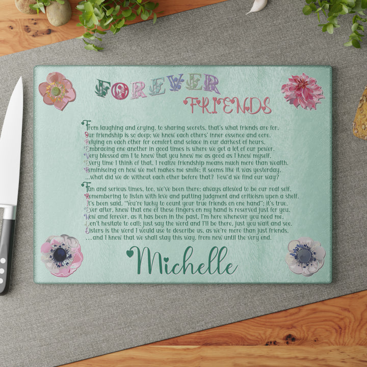 Forever Friends Acrostic Poem Glass Cutting Board - Flowers - Personalized