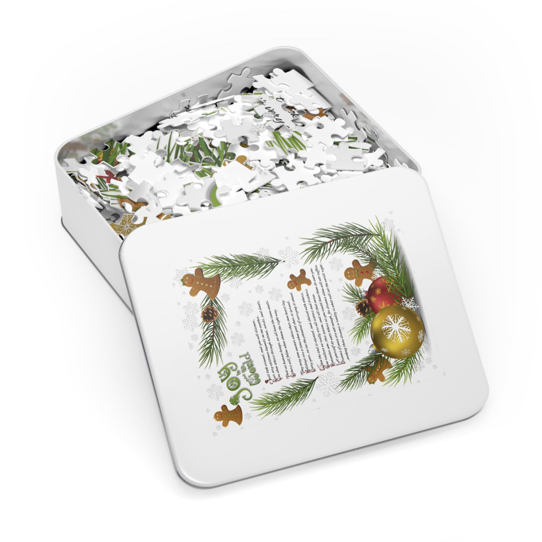 Jigsaw puzzle in a decorative tin with Christmas-themed design