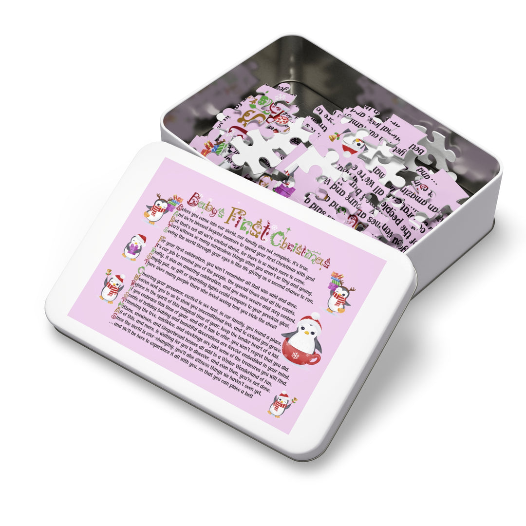 Baby's First Christmas Acrostic Poem Jigsaw Puzzle - Penguins - Lavender - Tin Box