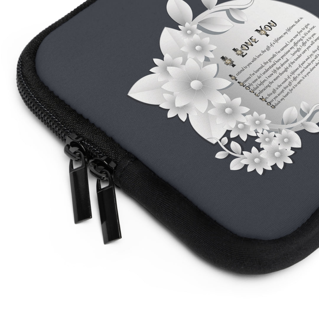 I Love You Neoprene Laptop Sleeve - Solid Black Back - White Flowers