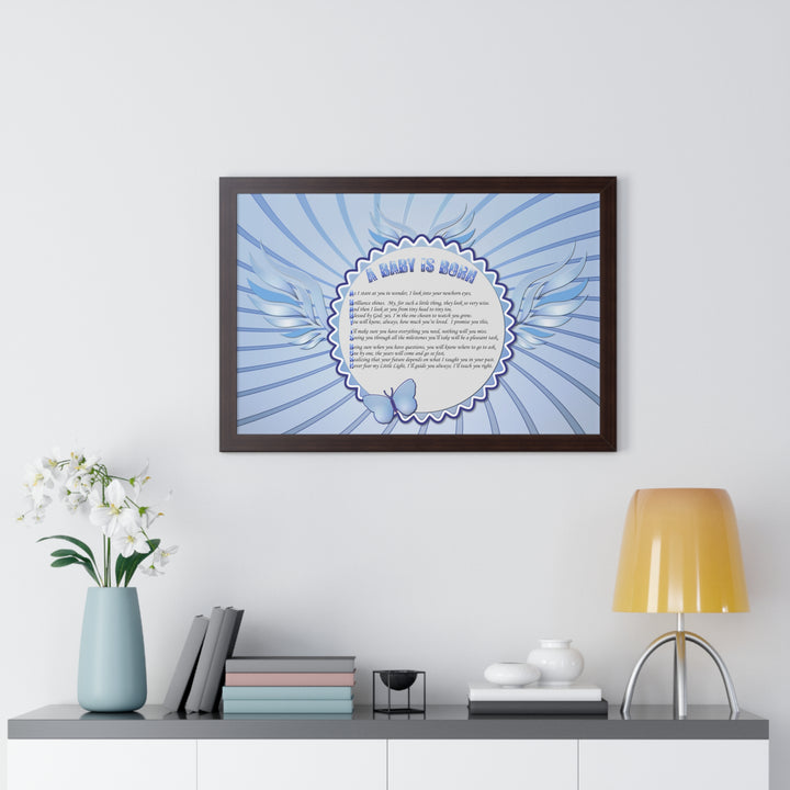 Baby Steps Acrostic Poem Framed Print "A Baby is Born "- Blue