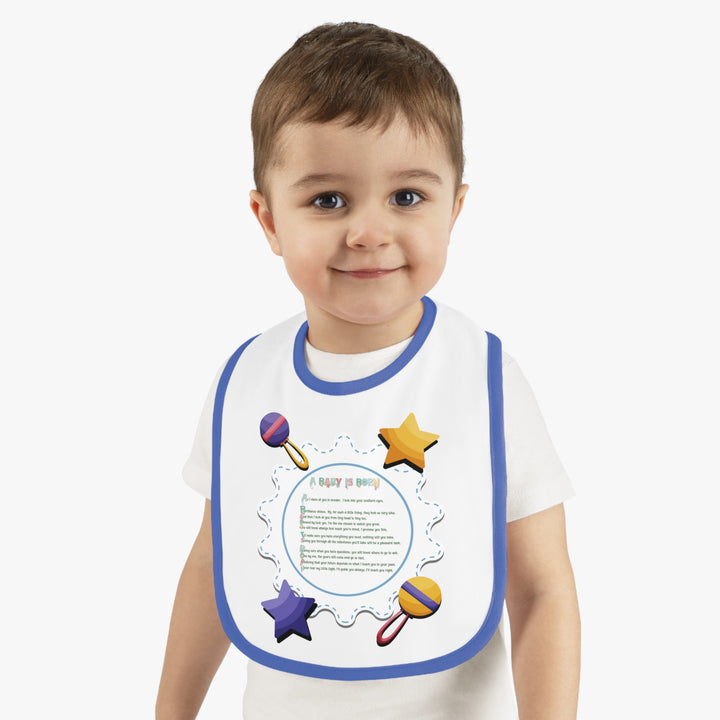 Baby Steps Acrostic Poem - Contrast Trim Jersey Bib - "A Baby is Born" - Rattles and Stars