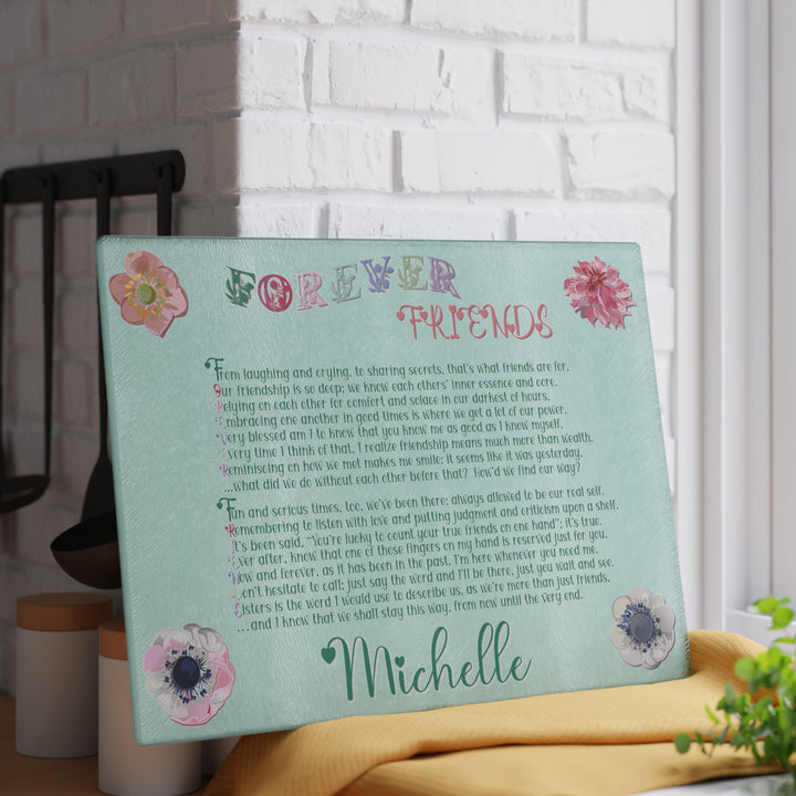 Forever Friends Acrostic Poem Glass Cutting Board - Flowers - Personalized