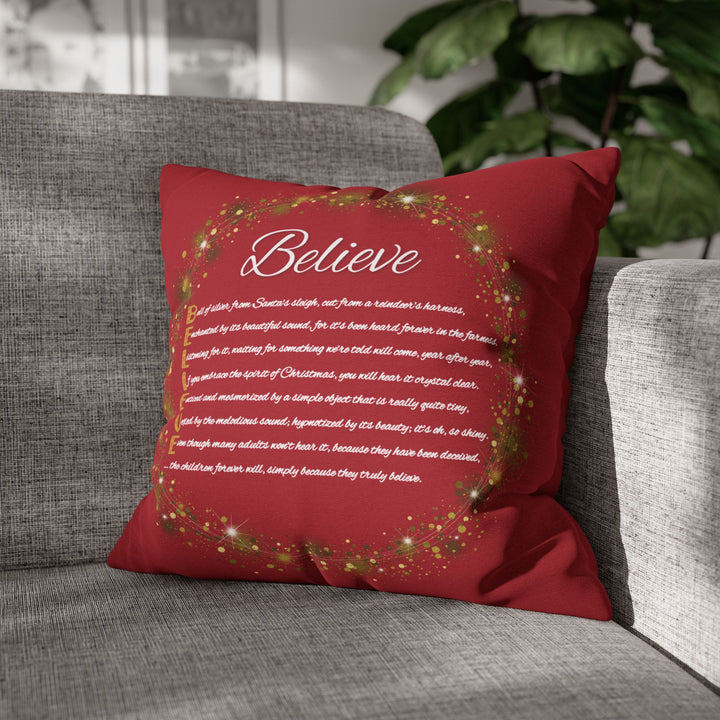 "Believe" Acrostic Poem Pillow Cover from "Learn, Lead, Believe" Collection Red