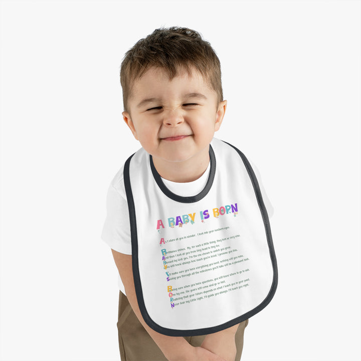Baby Steps Acrostic Poem - Contrast Trim Jersey Bib - "A Baby is Born" Baby Items Font