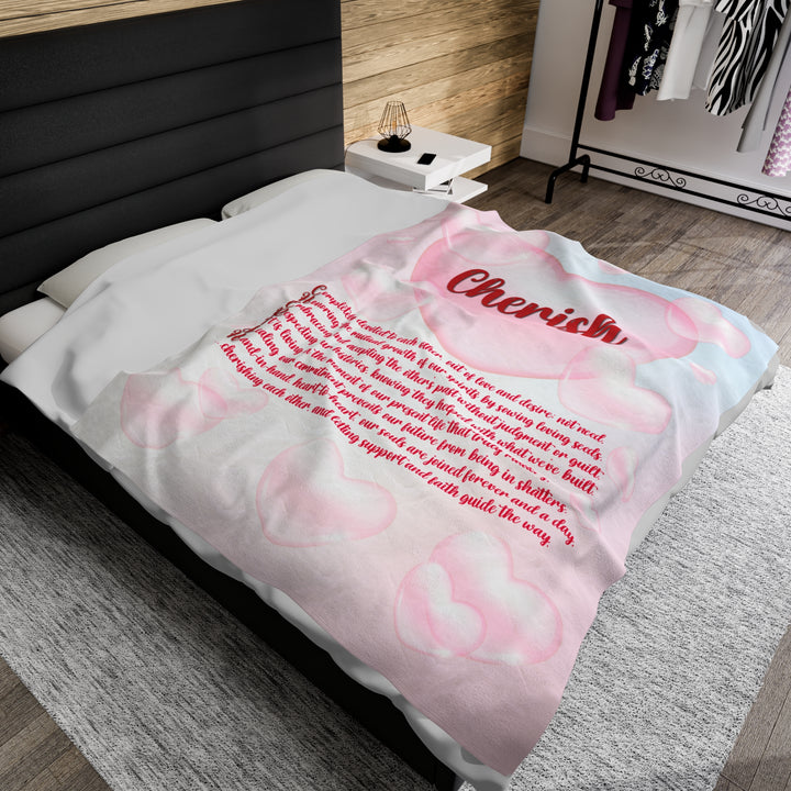 It's Just a Phrase Velveteen Plush Blanket with Acrostic Poem "Cherish" - Pink Cloud Hearts