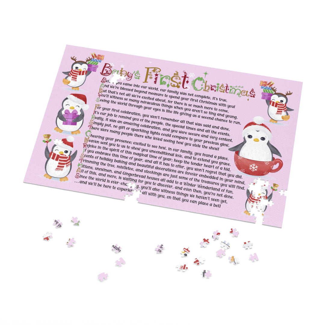 Baby's First Christmas Acrostic Poem Jigsaw Puzzle - Penguins - Lavender - Tin Box