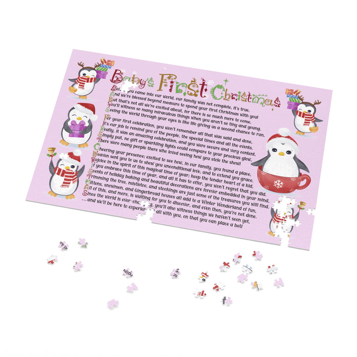 Baby's First Christmas Acrostic Poem Jigsaw Puzzle - Penguins - Lavender - Tin Box