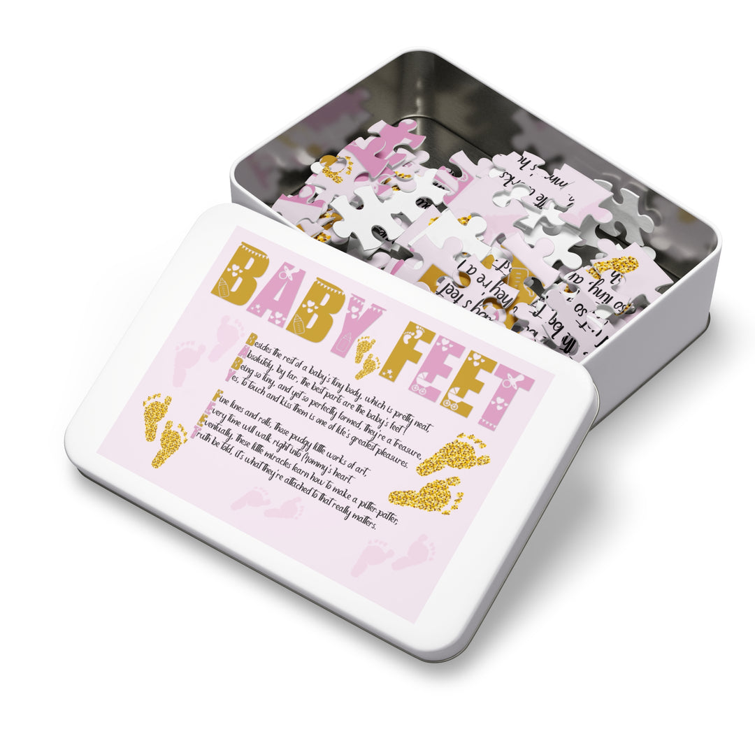 Baby Feet Acrostic Poem Puzzle - Pink and Gold - Tin Box - No Personalization
