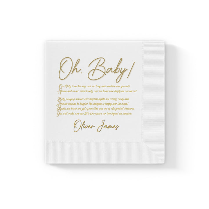 "Oh, Baby!" White Coined Napkins Baby Shower Napkins - Personalized