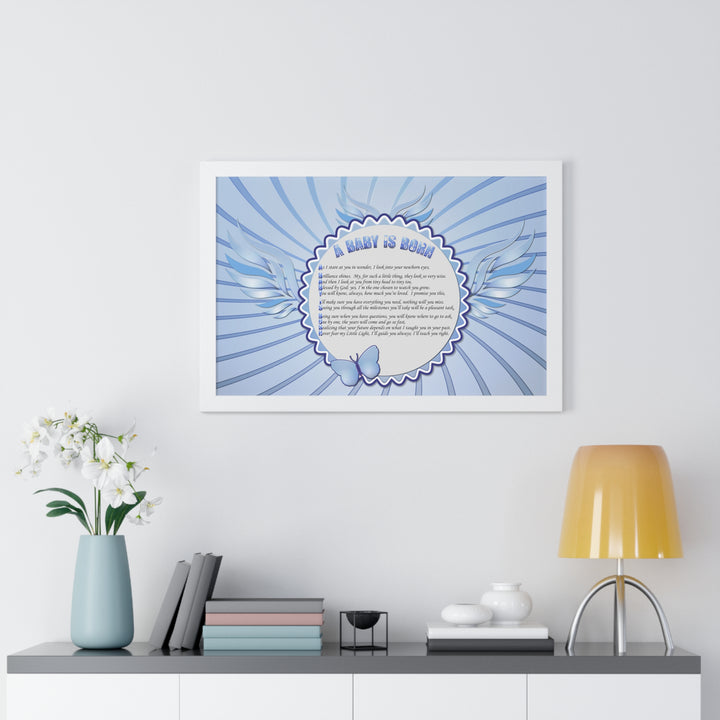 Baby Steps Acrostic Poem Framed Print "A Baby is Born "- Blue