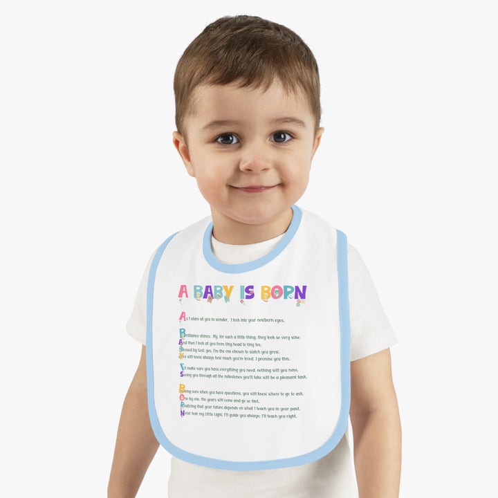 "A Baby is Born" "Baby Feet" Acrostic Poem  Contrast Trim Jersey Bib - Baby Items Font