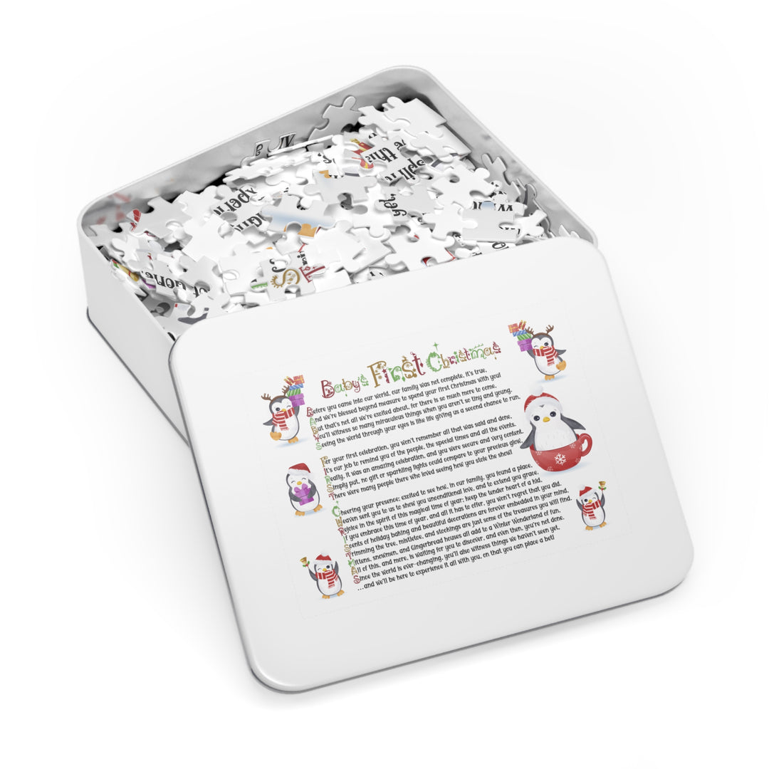 Baby's First Christmas Acrostic Poem Jigsaw Puzzle - Penguins-Christmas Items Font - Tin Box