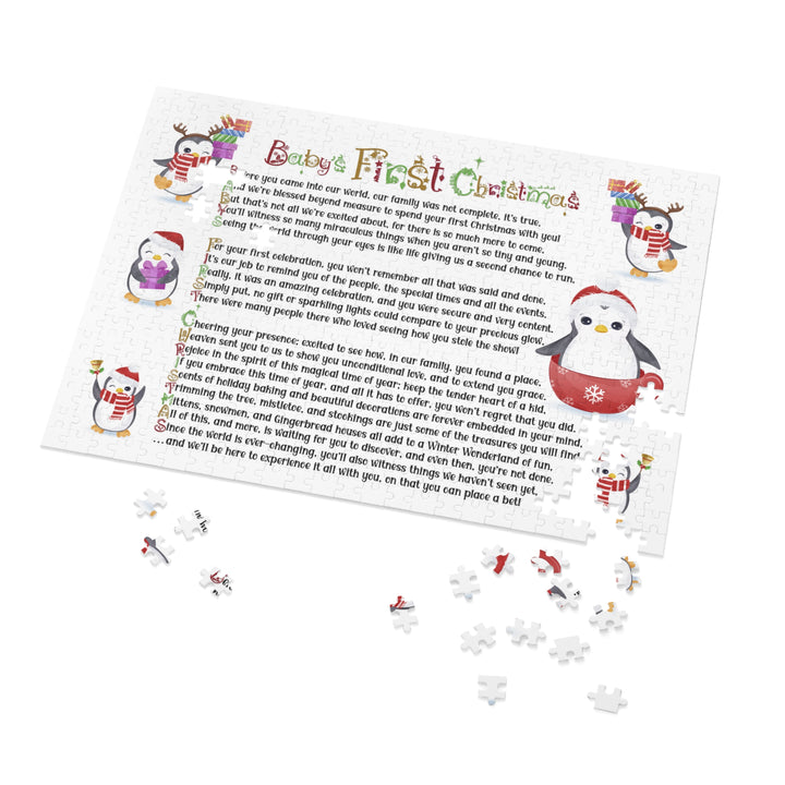 Baby's First Christmas Acrostic Poem Jigsaw Puzzle - Penguins-Christmas Items Font - Tin Box