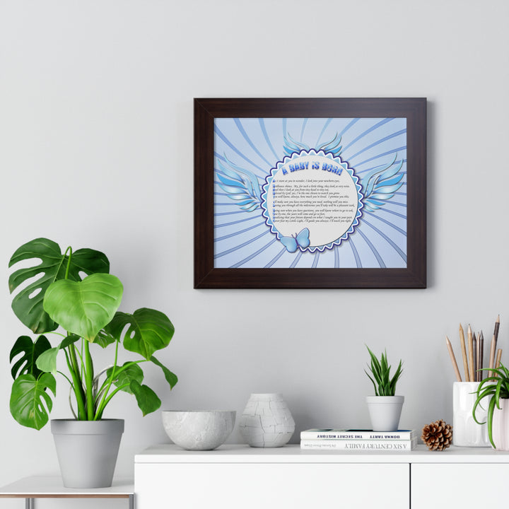 Baby Steps Acrostic Poem Framed Print "A Baby is Born "- Blue