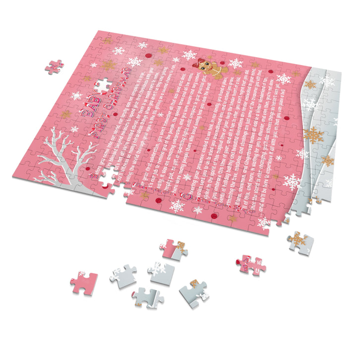 Baby's First Christmas Acrostic Poem Jigsaw Puzzle - Gingerbread - Pink - Tin Box