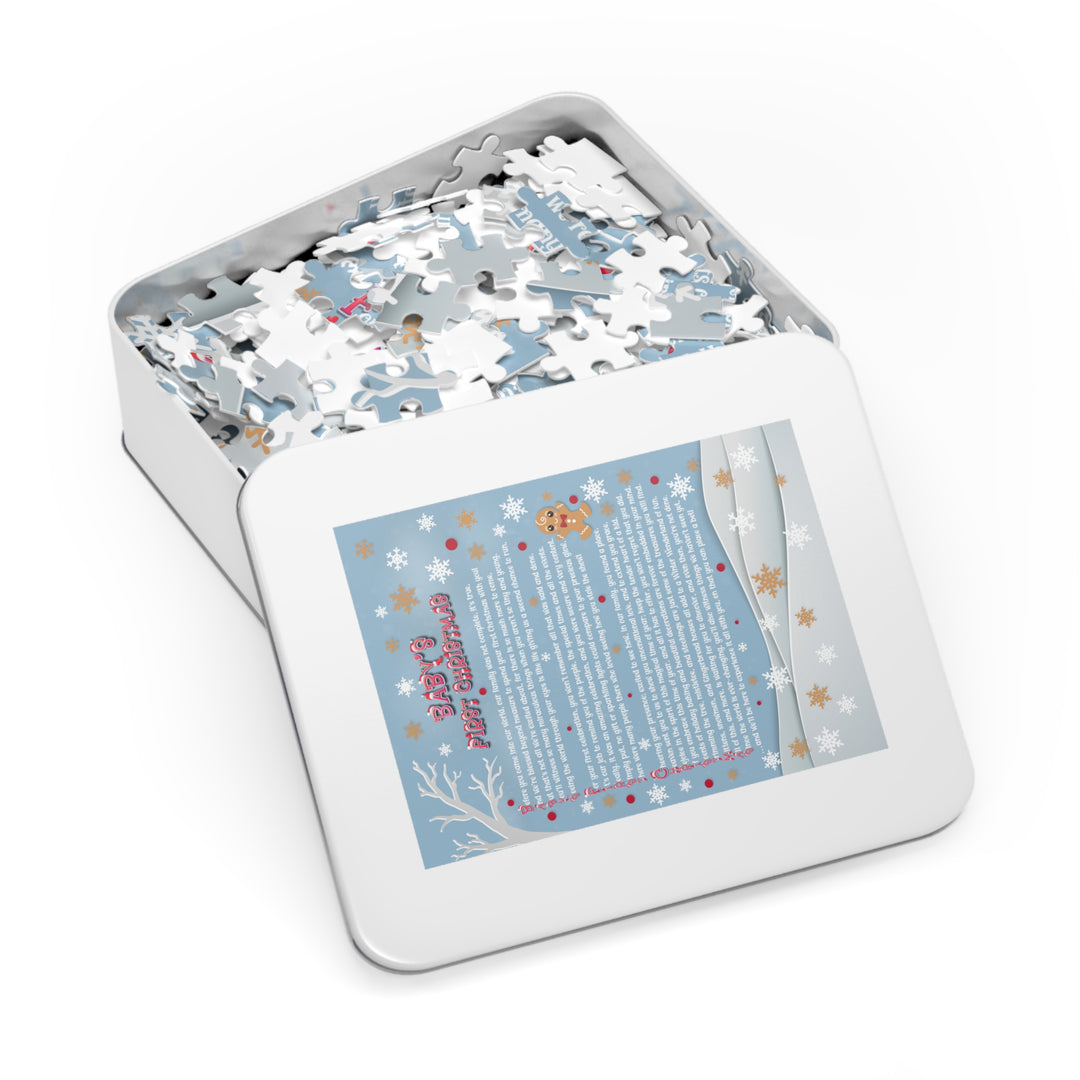 Baby's First Christmas Acrostic Poem Puzzle - Gingerbread - Blue - Tin Box