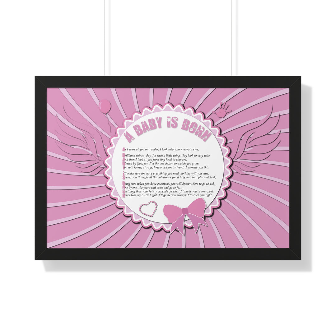Baby Steps Acrostic Poem Framed Print "A Baby is Born" - Pink