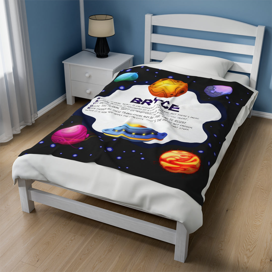 Namesakes Acrostic Poem on Black Velveteen Plush Blanket with Space Design
