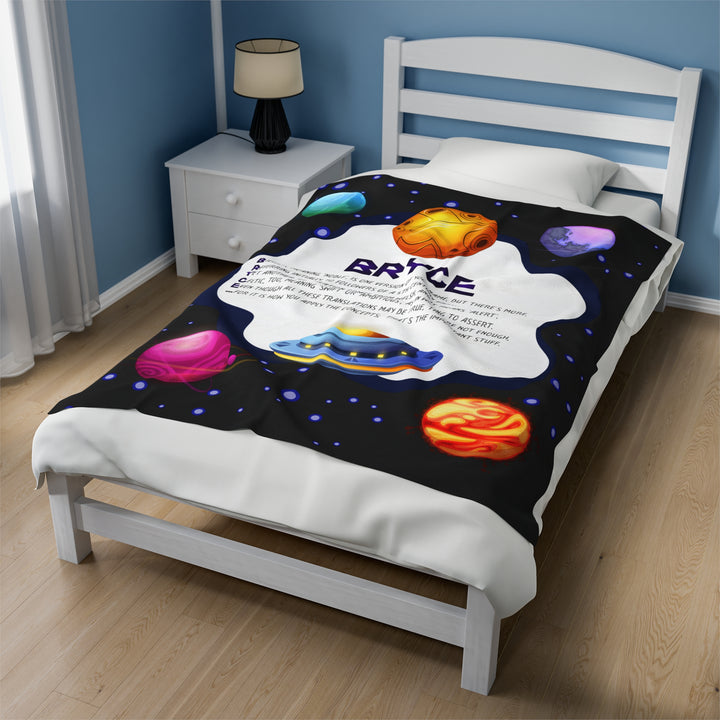 Namesakes Acrostic Poem on Black Velveteen Plush Blanket with Space Design