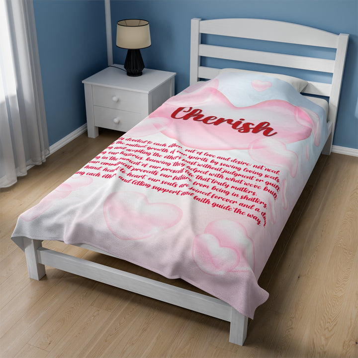 It's Just a Phrase Velveteen Plush Blanket with Acrostic Poem "Cherish" - Pink Cloud Hearts