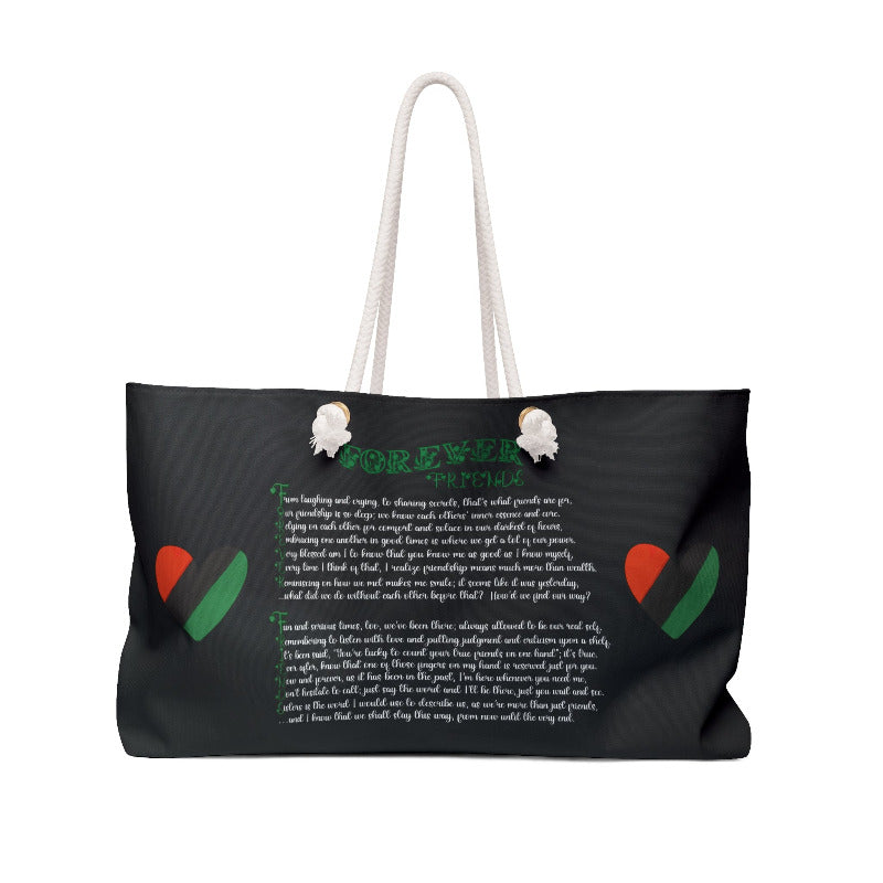 Black tote bag with acrostic poem spelling out Forever Friends and heart designs on a white background