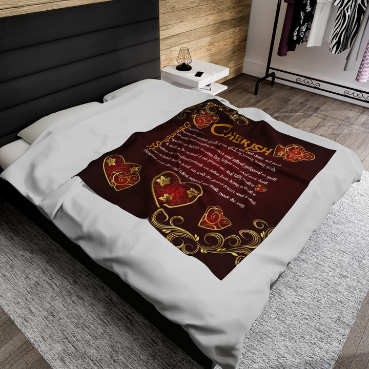 It's Just a Phrase Velveteen Plush Blanket with Acrostic Poem "Cherish" - Hearts and Gold Decor