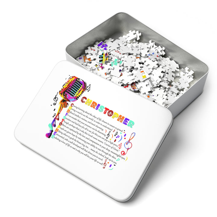 Namesakes Acrostic Name Poem Jigsaw Puzzle - Musical Notes and Mic - Tin Box