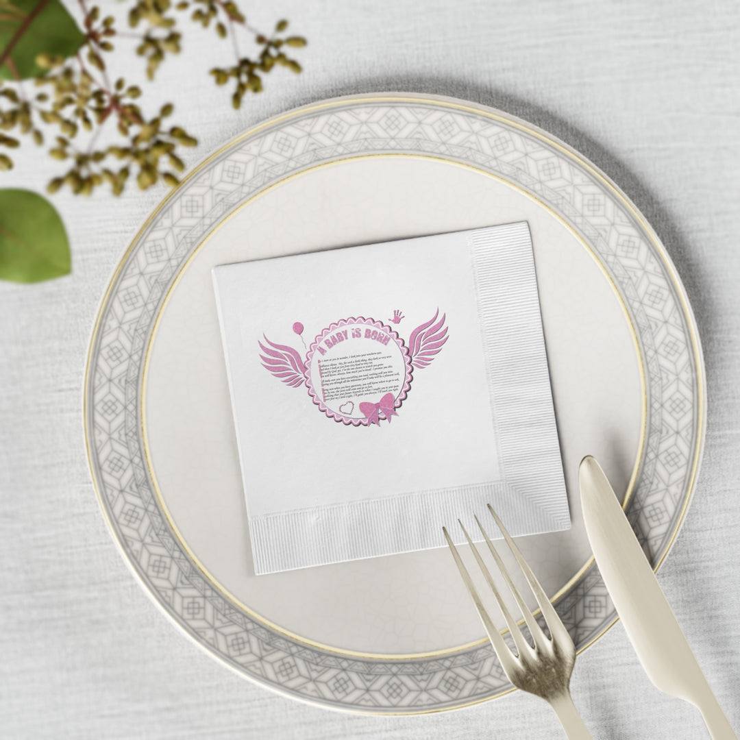 A Baby is Born Baby Shower Coined Napkins - Pink Wings - No Personalization