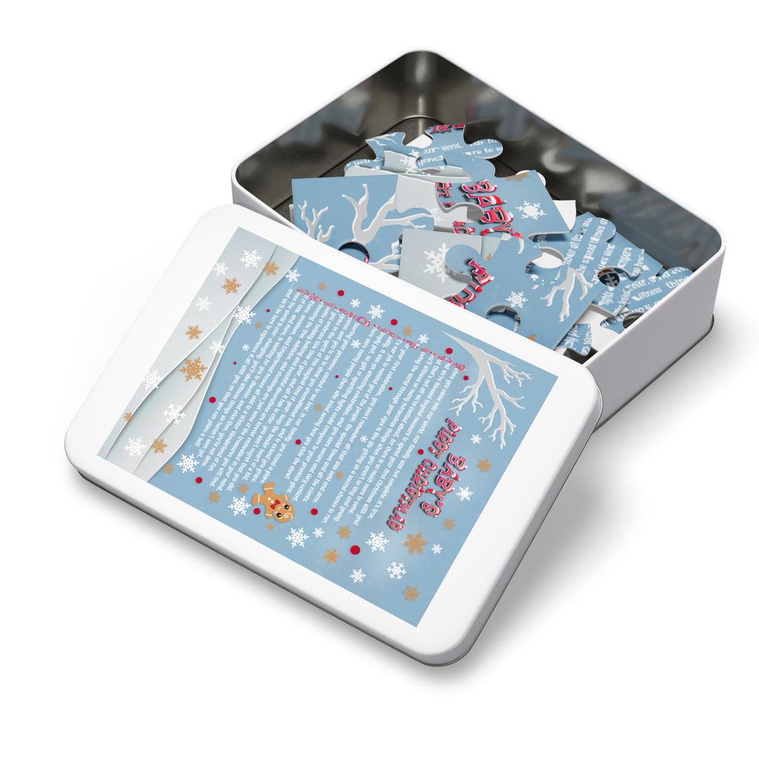 Baby's First Christmas Acrostic Poem Jigsaw Puzzle - Gingerbread - Blue - Tin Box