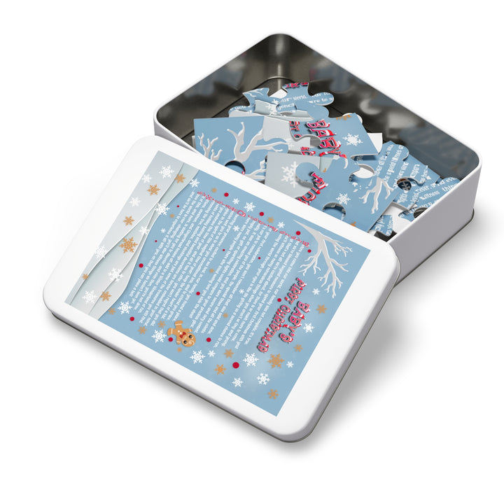 Baby's First Christmas Acrostic Poem Jigsaw Puzzle - Gingerbread - Blue - Tin Box