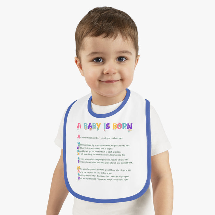 Baby Steps Acrostic Poem - Contrast Trim Jersey Bib - "A Baby is Born" Baby Items Font